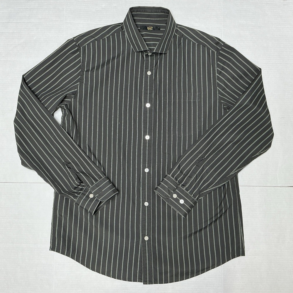 Original Penguin Men's Long Sleeve Button Down Shirt Gray Stripe Logo Cotton Lg